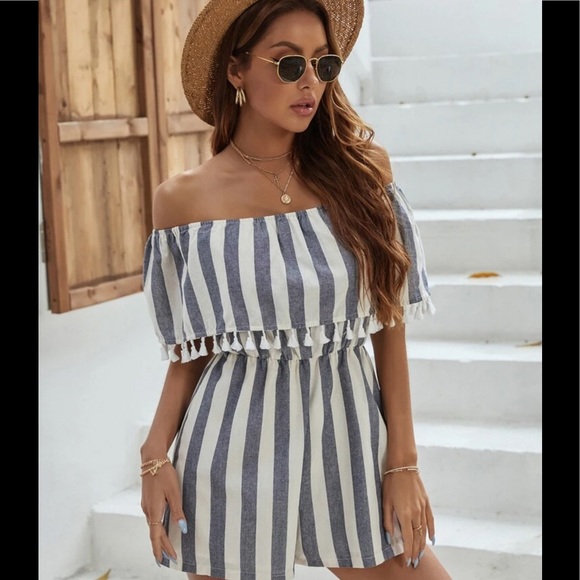 BLUE/CREAM STRIPED FRINGE TRIM BARDOT ROMPER - Picture 3 of 8